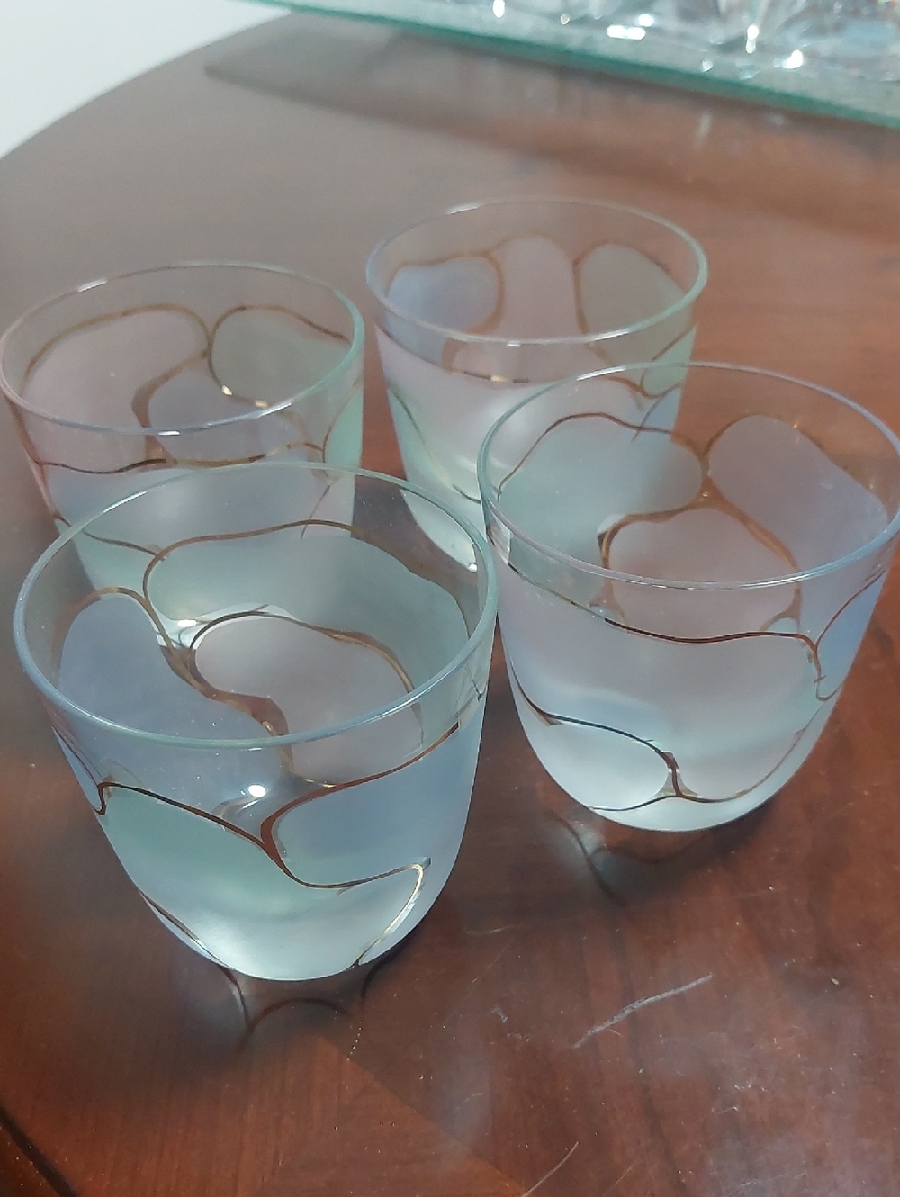 Vintage Frosted Glasses with Hand Painted Gold Accent - Set of 4. Made in Poland